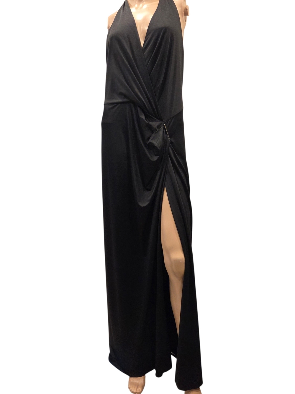 Victoria's Secret Black Halter Maxi Dress Open Back High Slit Draped Gown Size L